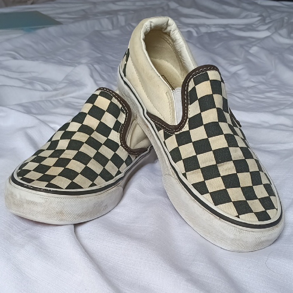 Vans Black and Cream Checkered Slip-On Sneakers